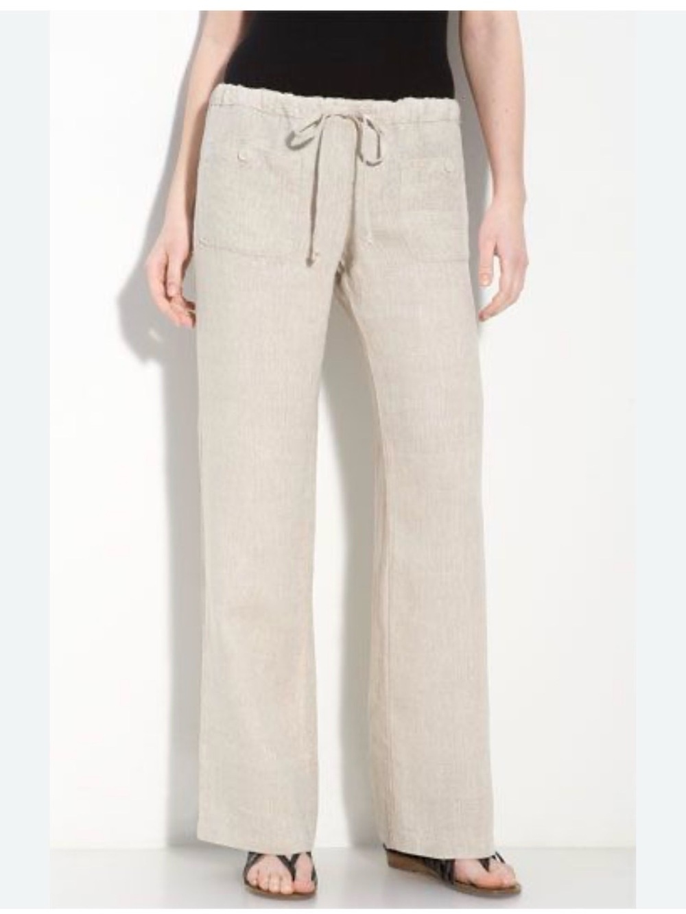 Allen Allen Cream Drawstring Wide-Leg Linen Lightweight Breathable